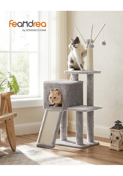 Tr Pct143w01 Kedi Ağacı, Tırmalama Tahtalı, 3 Çıkarılabilir Ponpon Çubuğu, 118 Cm, Açık Gri
