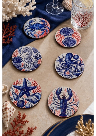 Marin Deniz Temalı Bardak Altlığı 6 Lı Set Yengeç Ahtapot Denizatı 9 Cm Mdf Beyaz