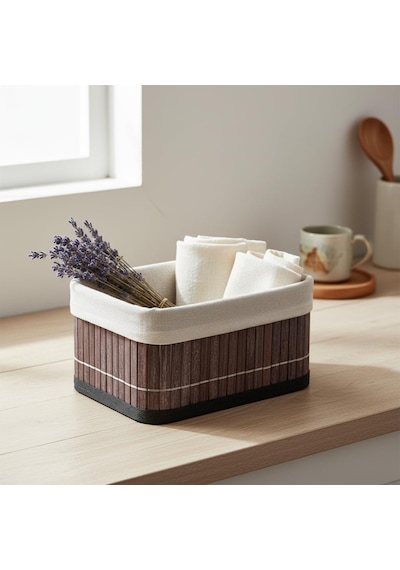Mini Dikdörtgen Bambu Düzenleyici Ve Saklama Sepeti Gri Ahşap Banyo, Makyaj Ve Ofis Organizeri, Kumaş Astarlı Dekoratif Kutu 20x15x10 Cm Açık Ahşap