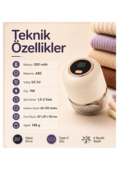 Şarjlı Tüy Toplama Makinesi 6 Bıçaklı Dijital Ekranlı Type-c 500 Mah Kıyafet Kaz Bej