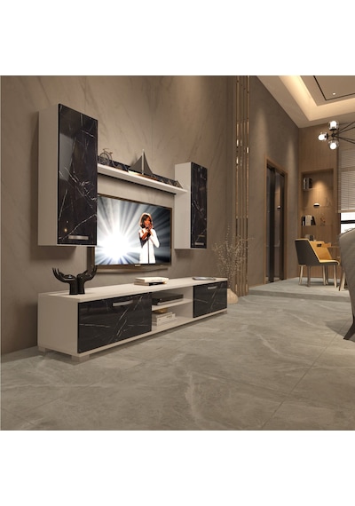 Decoraktiv Eko 5d Mdf Dvd Tv Ünitesi Tv Sehpası Beyaz - Siyah Mermer