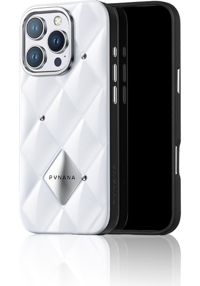 Apple Uyumlu iPhone 16 Pro Kılıf Parlak Arka Yüzeyli Kabartma Kapitone Pynana Metal Diamond Serisi Kapak Beyaz