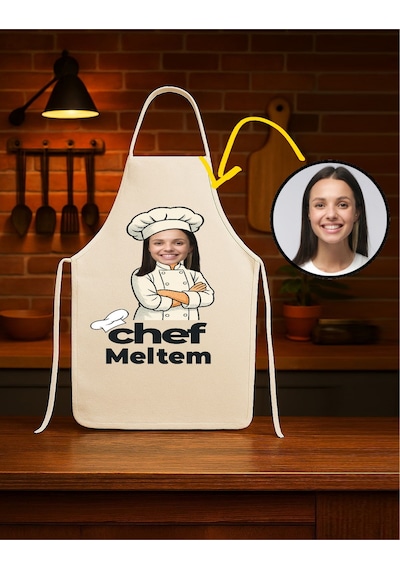 Kişiye Özel Karikatür Fotoğraflı Ve İsimli Mutfak Önlüğü Chef Tasarımlı 2 Krem