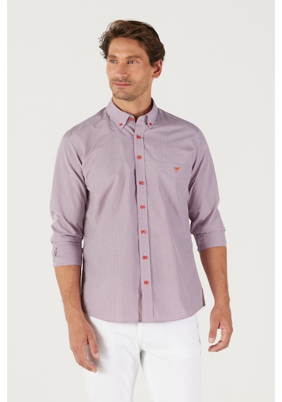 AC&Co / Altınyıldız Classics Erkek Lacı Kırmızı Slim Fit Dar Kesim Düğmeli Yaka Logolu Cepli Pamuklu Çizgili Gömlek Lacivert - Kırmızı