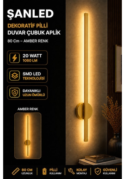 Dekoratif 20w İç Mekan Gold Kasa Amber Işık Rengi 80 Cm Duvar Aplik Pilli 1 Adet
