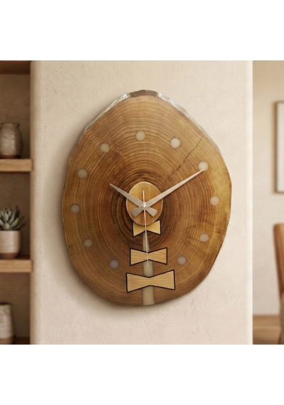 Tomur Ahşap Duvar Saati - %100 El Yapımı - Ceviz Ağacı - 31x39x3.5 Kahverengi