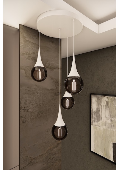Liora Modern Beyaz Metal Avize - Füme Cam, 4'lü Sarkıt, E27 Duy,