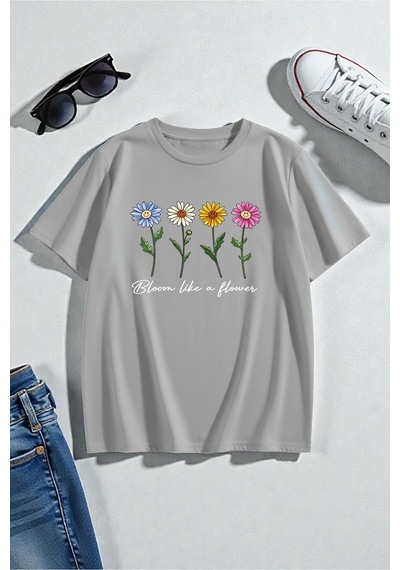 Uyguntarz Unisex Flowers Baskılı Tasarım Tişört - 2'li Eşofman Takımı Gri