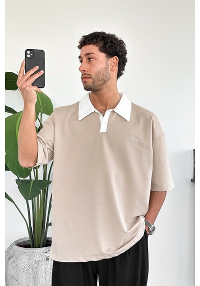 Krem Bound Polo Yaka Outplenty Premium Oversize Tişört Krem