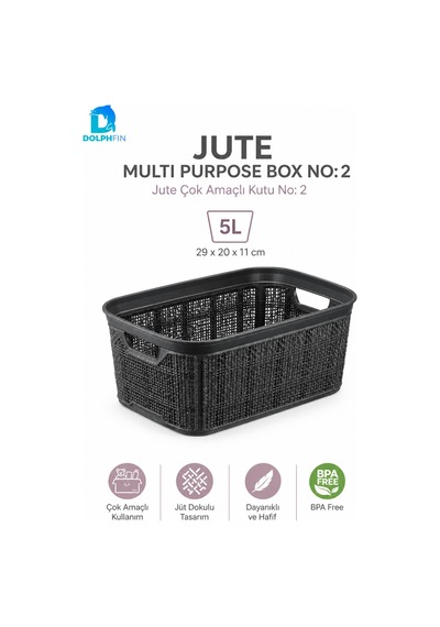 Jute Çok Amaçlı Kutu 5 L Plastik Mutfak Banyo Dolap İçi Düzenleyici Siyah