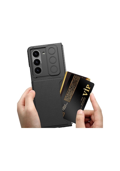 Galaxy Z Fold 5 Suni Deri Arka Yüzey Sürgülü Kamera Korumalı Kartlıklı Kıpta Silikon Kapak