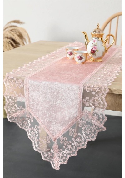 Güpürlü Kadife Runner - Pembe Beyaz
