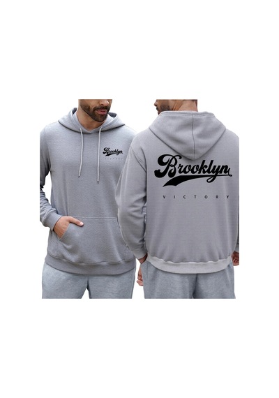 Tarzsokak Brooklyn Victory Logo Baskılı Kapüşonlu Svetşört Erkekler İçin Sonbahar Tüm Maç Kapüşonlular Gri