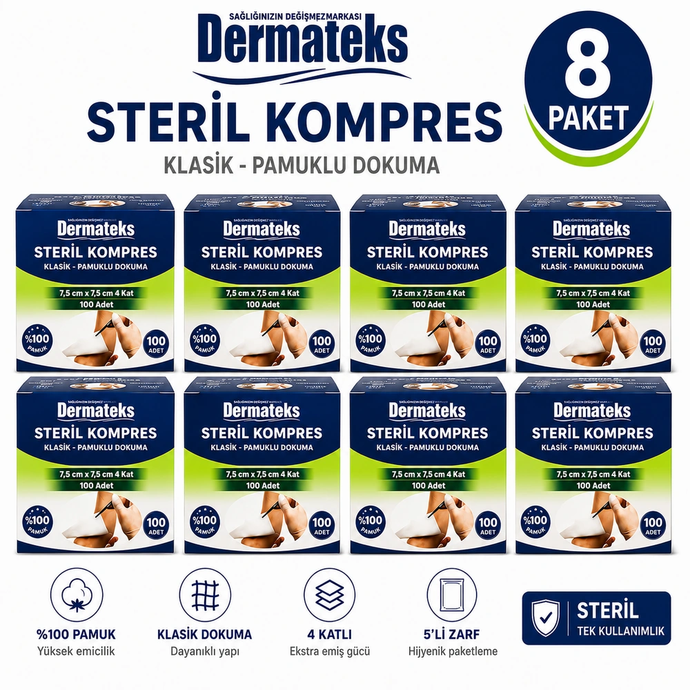 Dermateks Steril Kompres 7,5 7,5 Cm 4 Kat 100'lü 8 Paket