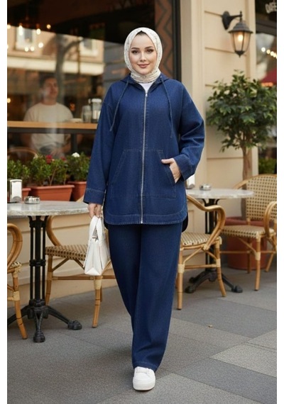 Hb Harma Time Butik Kadın Kapüşonlu Cepli Koyu Kot Mavi Tunik Pantolon Takım Koyu Mavi