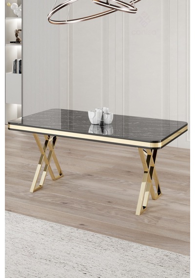 Canisa Rigel Serisi 80x130 Lak Panel Siyah Mermer Desen Masa Takımı Gold Ayaklı 4 Siyah Sandalye Masa Siyah Mermer Desen Sandalye Siyah