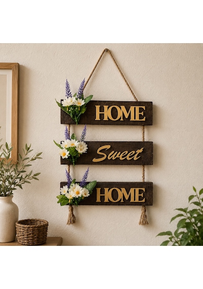 Papatya Çiçekli Home, Sweet, Home Duvar Süsü Ceviz