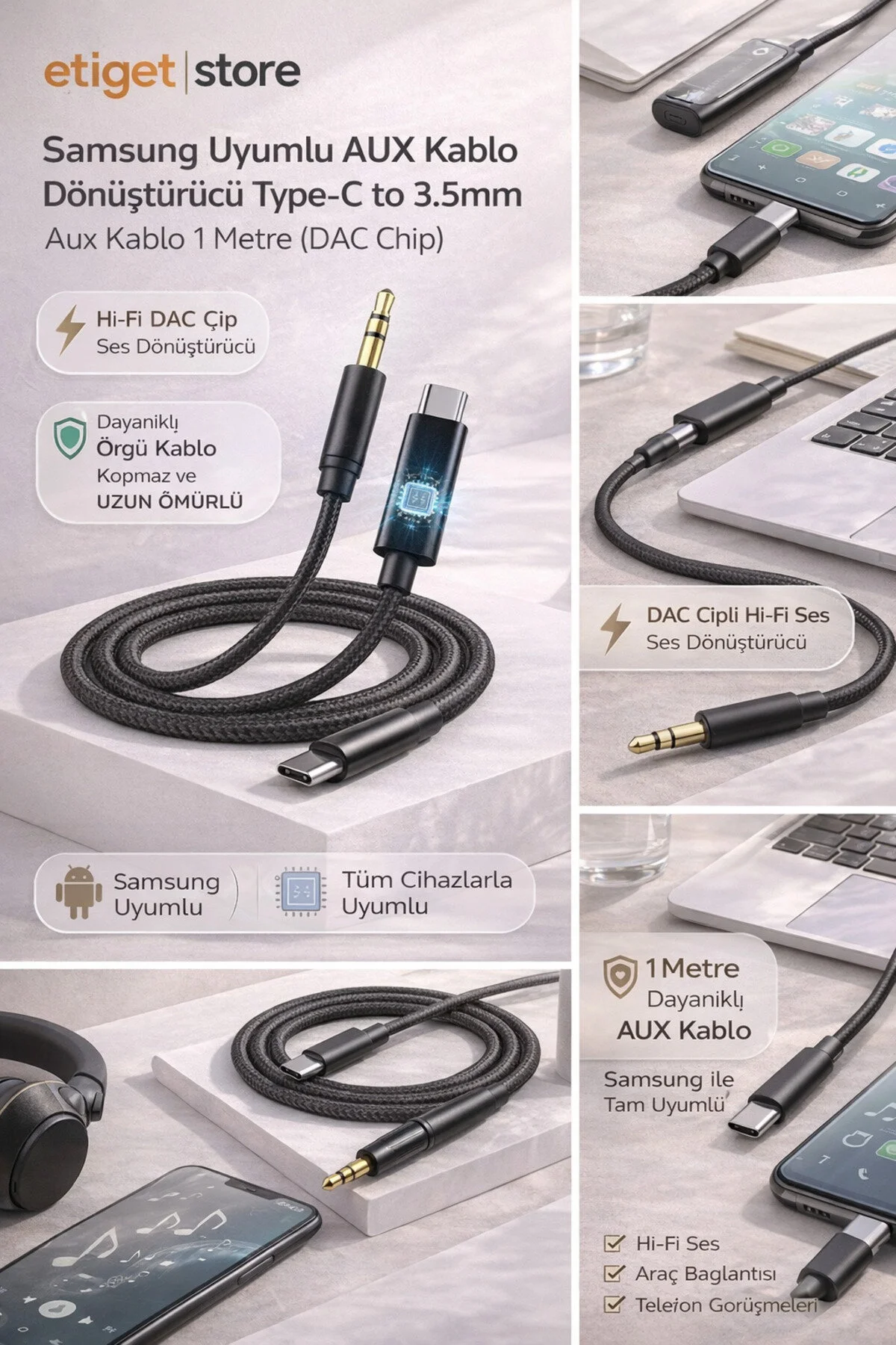 Aux Kablo Dönüştürücü Type-c To 3.5mm Aux Kablo 1 Metre Dac Chip Siyah