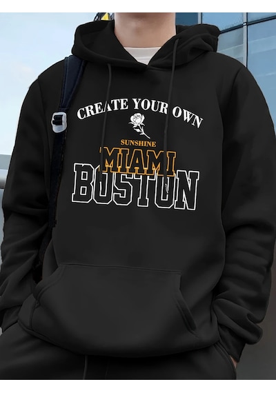 Startmore Tarzsokak Miami Boston Mektup Baskı Kapüşonlular Erkekler Kış Polar Sıcak Kazak Koşu Cep Kazak Sportif Siyah