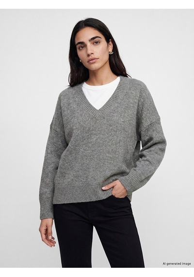 Lcw Vision Gri V Yaka Oversize Kadın Triko Kazak