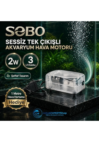 Sobo Sessiz Hava Motoru - Tek Çıkışlı - Şeffaf Tasarım - 1 Metre Hava Hortumu Hediye - 2w - 3lt/saat