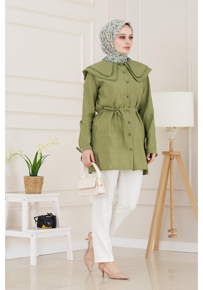 Sevitli Çift Yaka Dantelli Tunik-yeşil-4985 Yeşil