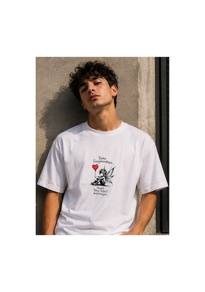 Qmen Style Unisex Beyaz Oversize Baskılı T-shirt Espirili Fragman Baskılı %100 Pamuk