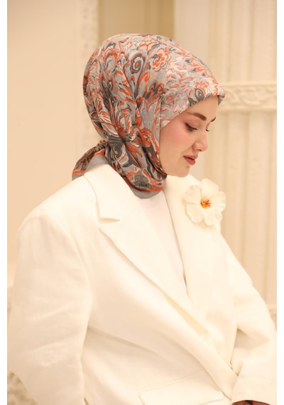 Silk Home Olinda İpek Eşarp 47002-08 Gri, Parlak Turuncu, Füme, Ekru