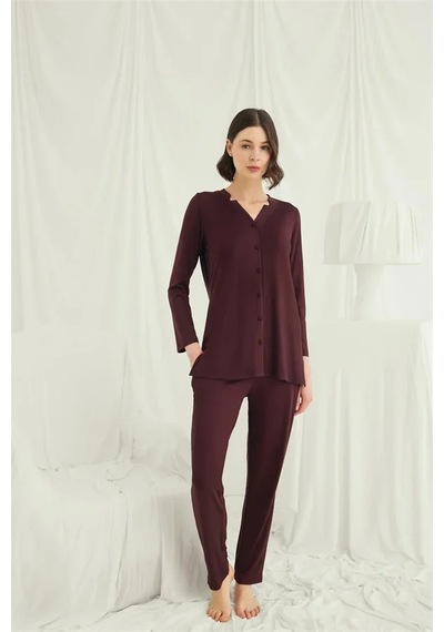Ang Butik Kadın Uzun Kollu Boydan Düğmeli V Yaka Pijama Takımı Mürdüm