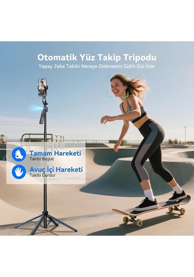 Profesyonel Tripod Ve Selfie Çubuğu, 360 Yapay Zeka Yüz Takibi, Aı Hareketle Komut, 1/4 Vidalı, Canlı Yayın, Vlog, Fotoğraf, Uzaktan Kumandalı,160cm C17