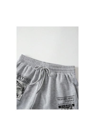 Tarzsokak Butterfly & Slogan Graphic Drawstring Waist Şort Gri