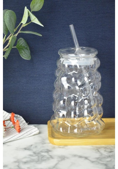 Mien Üzüm Desen Bubble Borosilikat Cam Pipetli Bardak 1 Litre Şefaf
