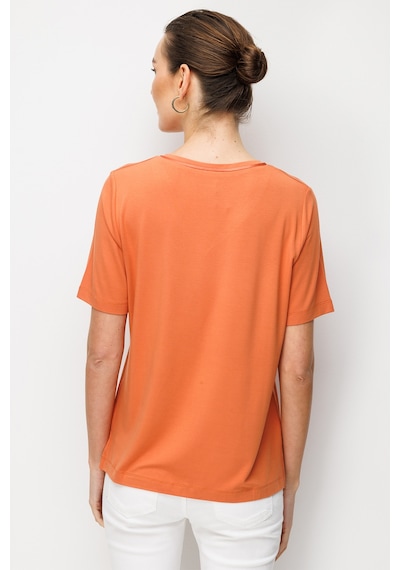 Desen Triko Kadın V Yaka Cebi Saten Şeritli Penye T-shirt 26828 Somon Somon