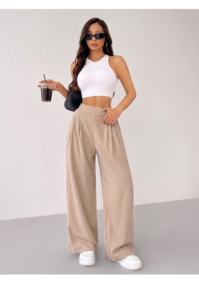 Genius Store Kadın Pantolon Scuba Krep Kumaş Beli Lastikli Cepli Pileli Geniş Paça Palazzo Pantolon Scuba-crep Taş