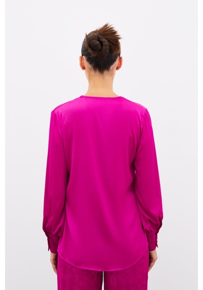 Sateen V Yaka Saten Bluz - Fusya-134905 Fusya Fuşya