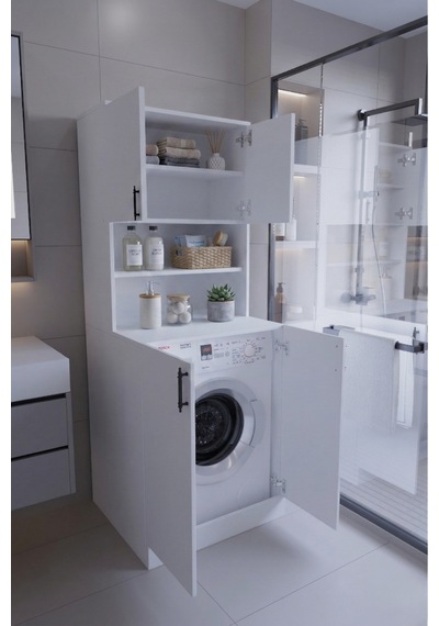 Leylak Çamaşır Makinesi Dolabı Çok Amaçlı Kapaklı Banyo Dolabı Çamaşır Odası Dolabı Beyaz