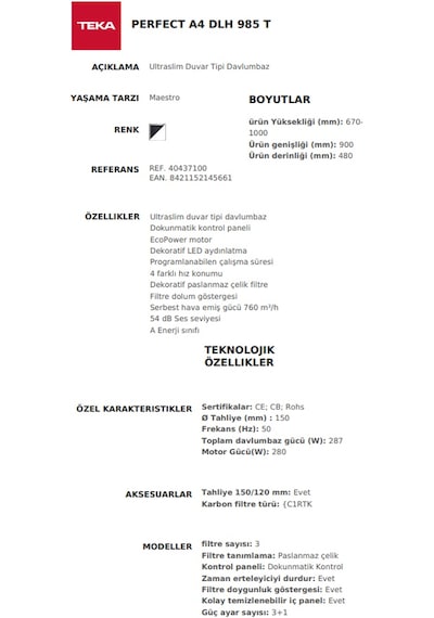 Teka A4 DLH 985 T Duvar Tipi Davlumbaz 40437100