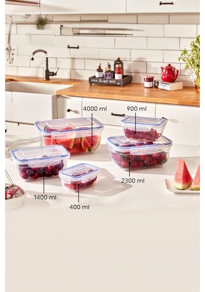 Dikdörtgen 10 Parça Contalı Vakumlu Sızdırmaz Hava Almaz Saklama Kabı Seti 2x 4000/2300/1400/900/400 Ml Şeffaf - Beyaz