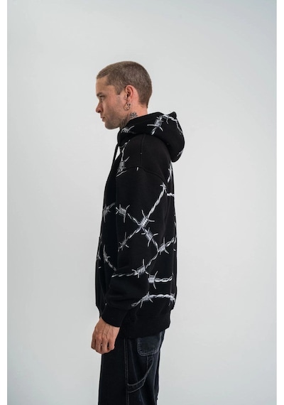 Erkek Kapüşonlu Varak Ve Pano Baskılı Hoodie Sweatshirt- Siyah