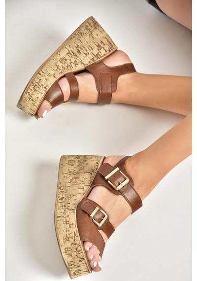 Fox Shoes U996752009 Taba Dolgu Topuklu Kadın Ayakkabı Taba-suni Deri