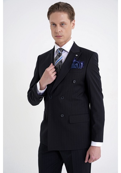 Efor Slim Fit Çift Yırtmaç %95 Pamuk Lacivert Çizgili Kruvaze Takım Elbise Tk 945