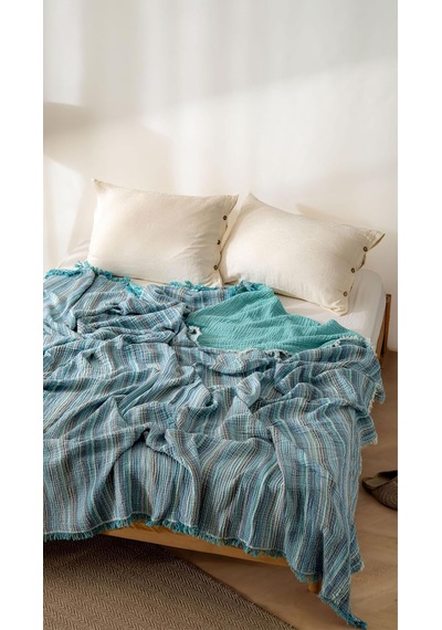 Boho Çizgili Yatak Örtüsü 4 Katlı Müslin%100 Pamuk Yumuşak Lüks Yazlık Pike Çift Kişilik Battal Boy 240x260 Cm Bej