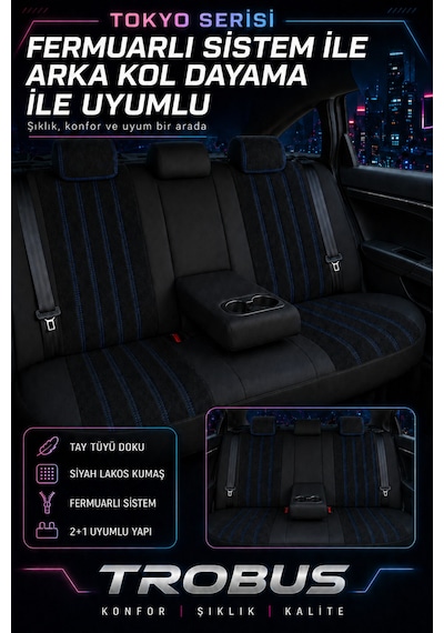 Fiat Albea 2002-2012 Bel Destekli Tay Tüyü Koltuk Kılıfı Tokyo Serisi Siyah Mavi