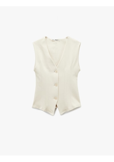 Koton Slim Fit Düğmeli Dikiş Detaylı Kolsuz V Yaka Yelek Ekru 6wal90039ık Ekru
