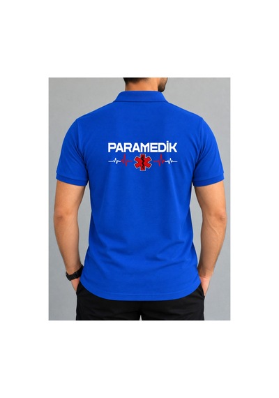 Paramedik Baskılı Polo Yaka %100 Pamuklu Tişört Mavi
