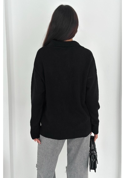 Femelle Siyah Kadın Polo Yaka Oversize Triko Kazak - Standart Beden Yumuşak Dokulu - 8551