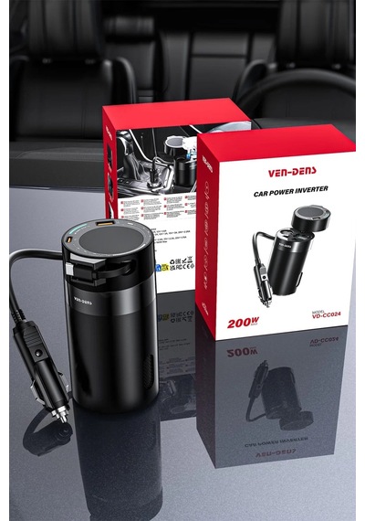 Ven-dens Vd-cc024 200w Maksimum Toplam Çıkışlı Araç İnvertörü, 12 24v Giriş, 200 240v 150w Ac Priz, 12v Dc Çıkış, Usb Ve Type-c Hızlı Şarj, Dahili Type-c Kablo