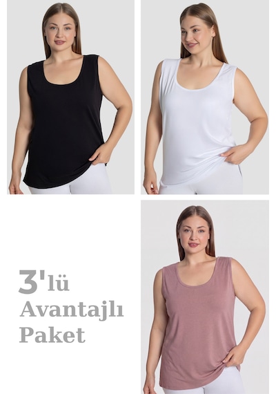 Arma Yıldız Kadın Pamuklu Büyük Beden Kalın Askılı Atlet 3'lü Paket Gül Kurusu Beyaz Siyah