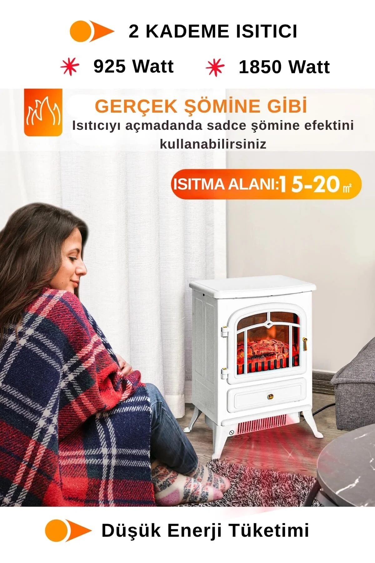 Elektrikli Şömine Beyaz 1850 W Metal Kasa, Fanlı Şömine, Şömine Soba