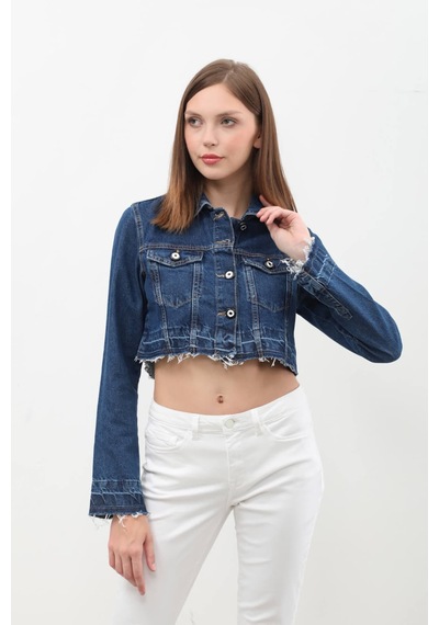 Kadın Püsküllü Crop Jean Ceket mavi